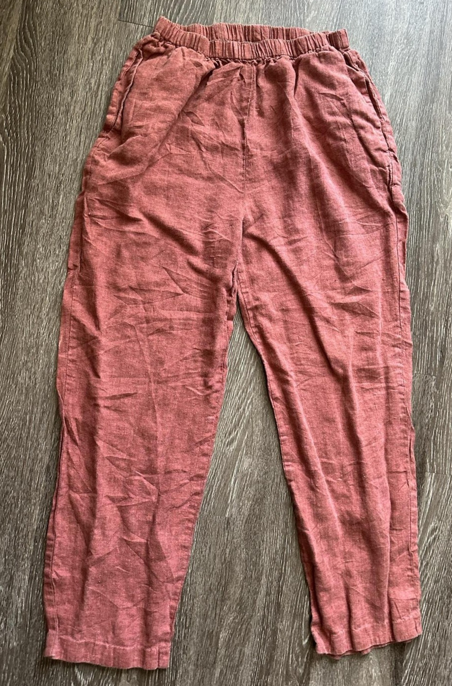 FLAX Linen Crop Pants Womens Medium Red Straight Leg Elastic Waist Pockets